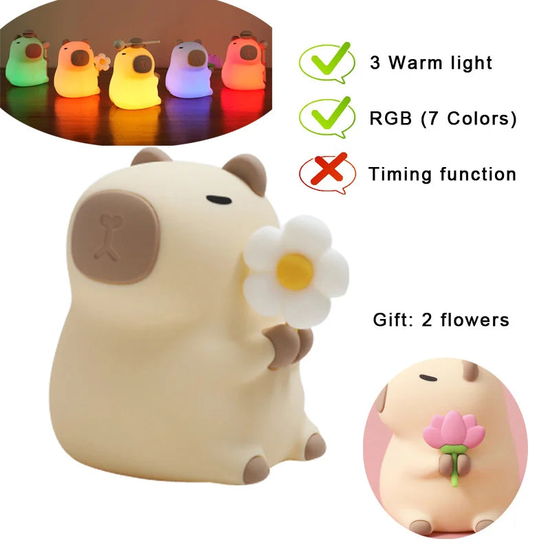 FanzyMarket Capybara and Mango LED night light for kids, touch sensor, rechargeable, RGB dimmable lamp with timer.