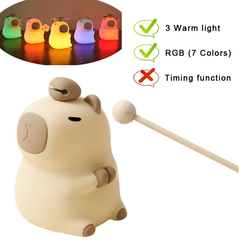 FanzyMarket Capybara and Mango LED night light for kids with touch sensor, RGB color options, rechargeable USB, and dimmable lighting.