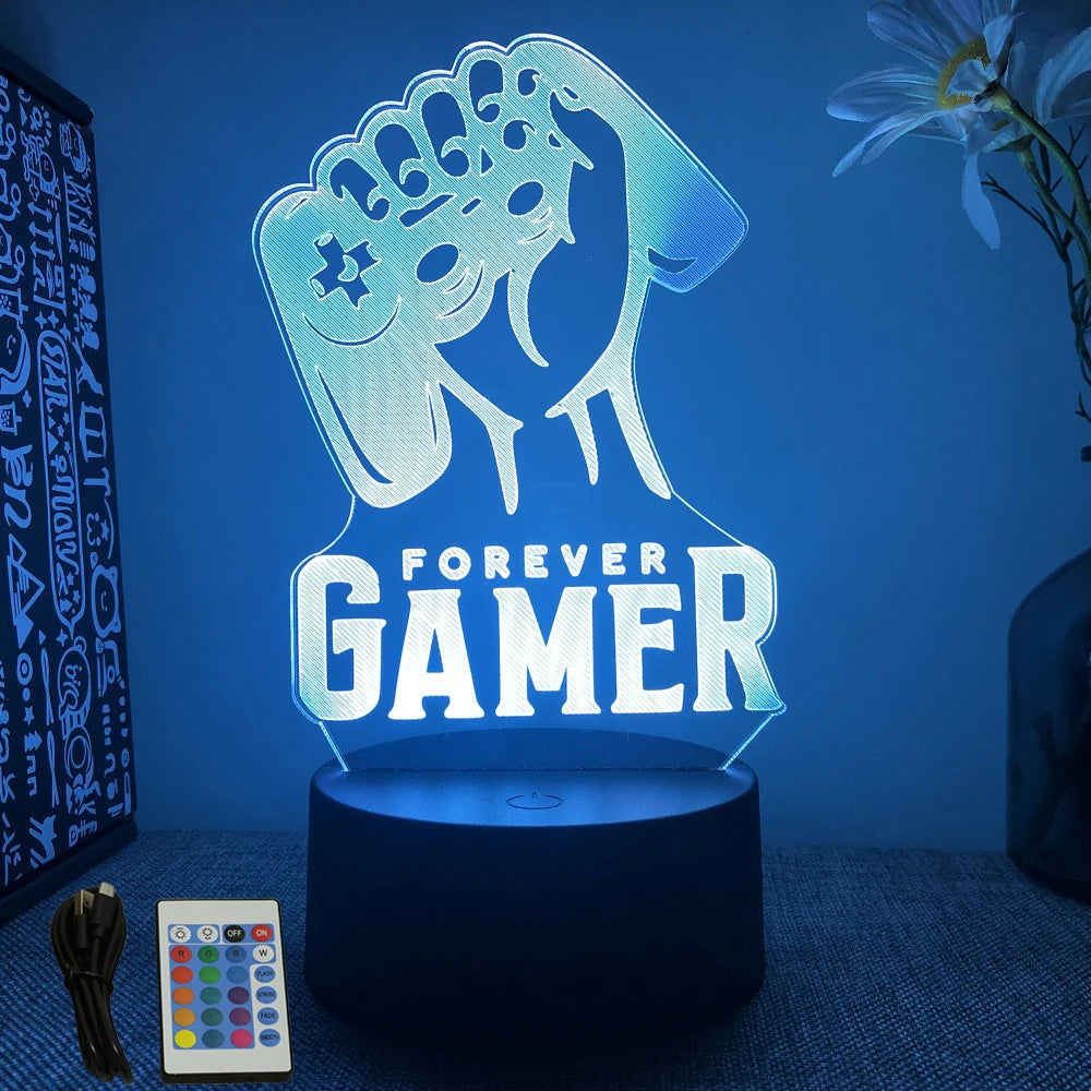 FanzyMarket 3D LED Neon Gamer Lamp with RGB acrylic light, remote control, and touch sensor, ideal for gaming rooms and kids' decor.