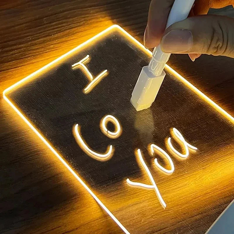 FanzyMarket LED acrylic message board with pen, USB-powered glow night light and erasable drawing surface for kids.