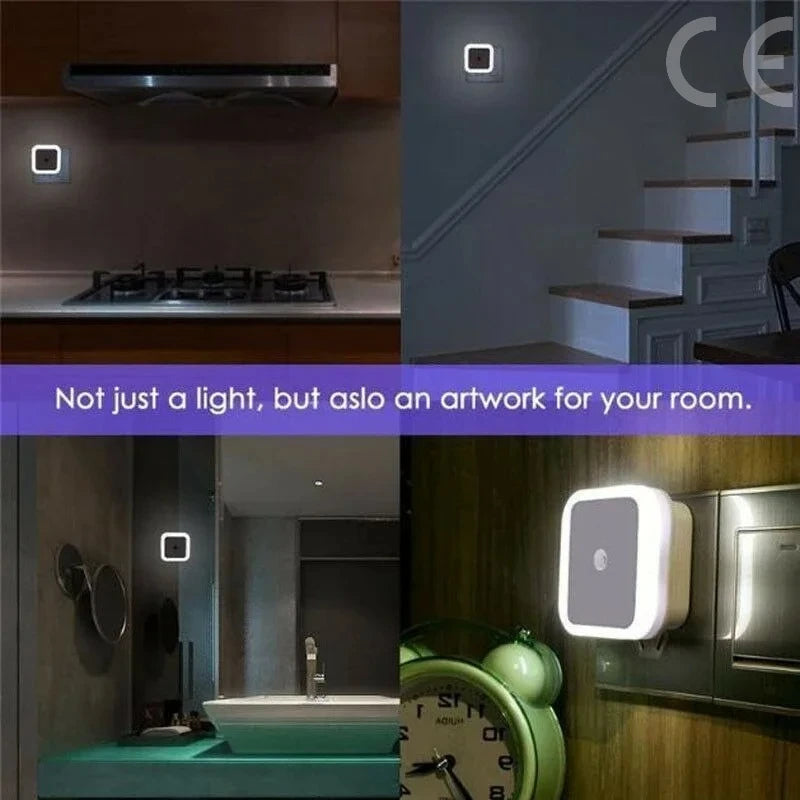 FanzyMarket wireless LED night light with EU plug, blue tricolor light, light sensor, ideal for kids' bedrooms.