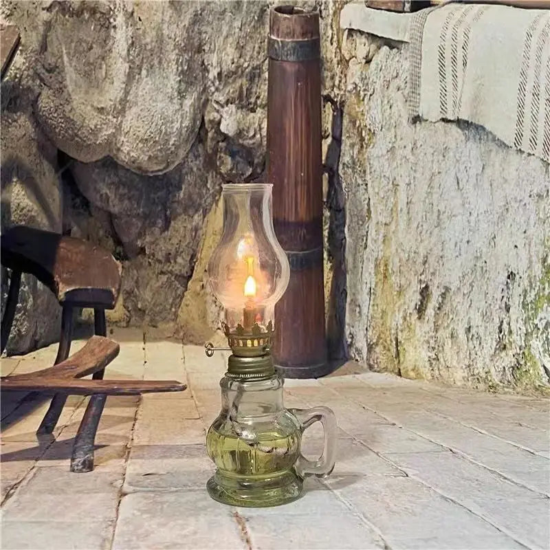 FanzyMarket mini glass oil lamp with shade, retro-style windproof kerosene lantern for desktop decor and lighting, 19.5 cm tall.