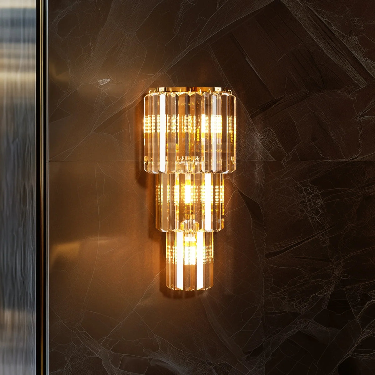 Modern gold 3-tier crystal wall sconce with dimmable E14 LED bulb, decorative wall lamp for elegant lighting.