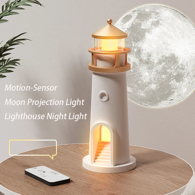 FanzyMarket moon projection night light with lighthouse design, Bluetooth speaker, remote, and motion sensor for bedroom ambiance.