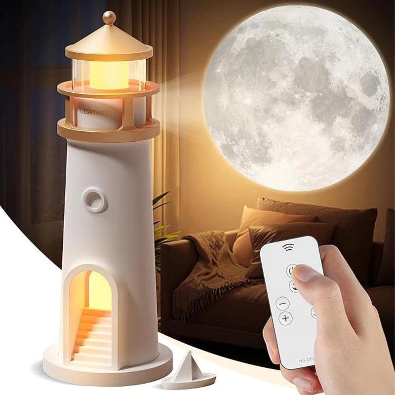 FanzyMarket moon projection night light with lighthouse design, Bluetooth speaker, remote, and motion sensor for bedroom ambiance.