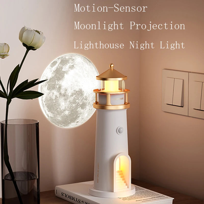 FanzyMarket moon projection night light with lighthouse design, Bluetooth speaker, remote, and motion sensor for ambient bedroom lighting.