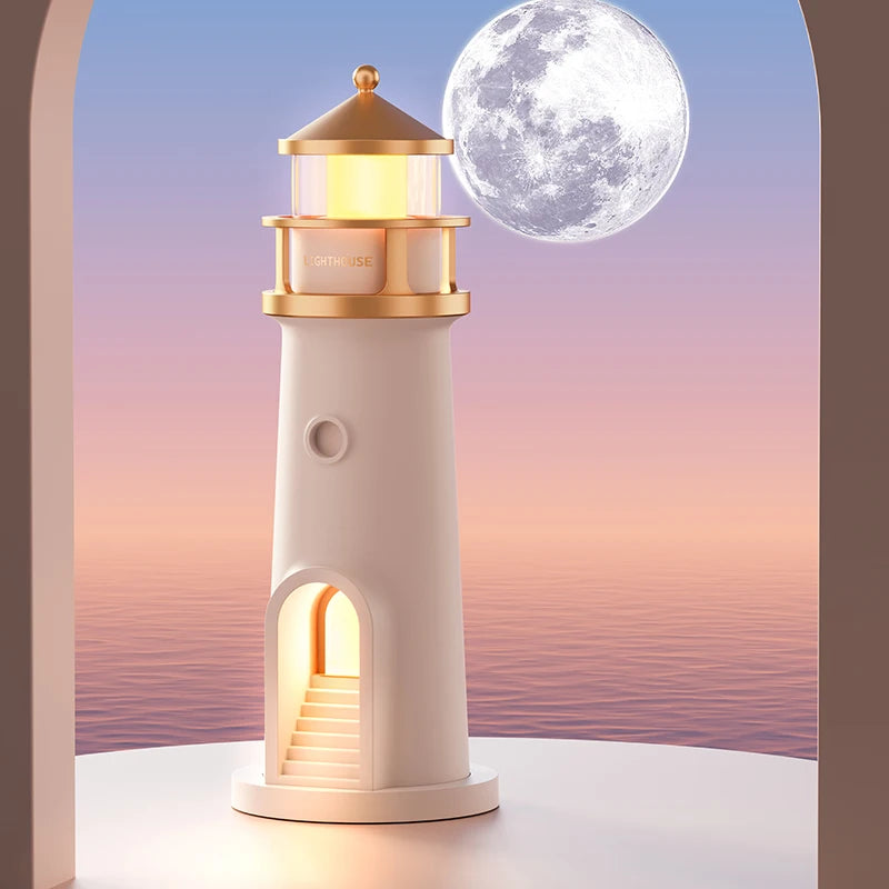 FanzyMarket moon projection night light with lighthouse design, Bluetooth speaker, remote, and motion sensor for ambient bedroom lighting.