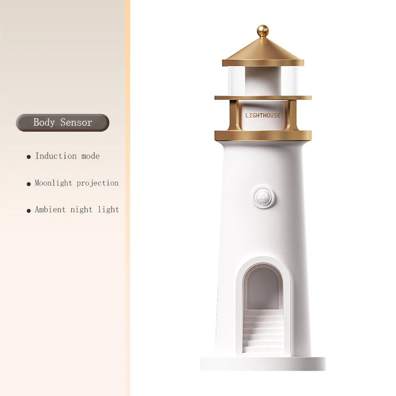 FanzyMarket moon projection night light with lighthouse design, Bluetooth speaker, remote, and motion sensor for bedroom ambient lighting.