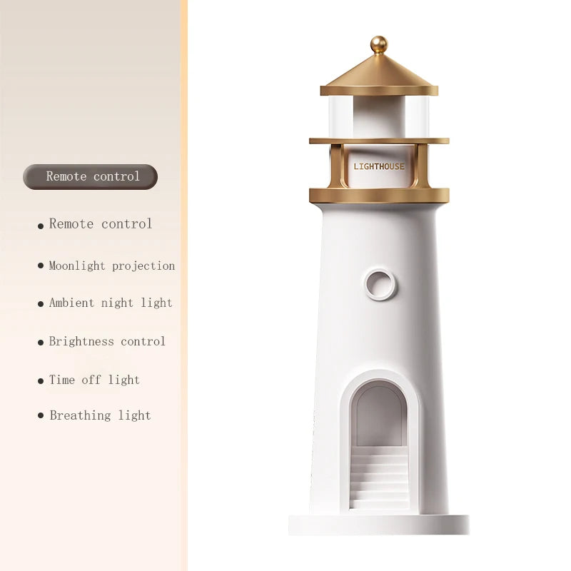 FanzyMarket moon projection night light with lighthouse design, Bluetooth speaker, remote, and motion sensor for ambient bedroom lighting.