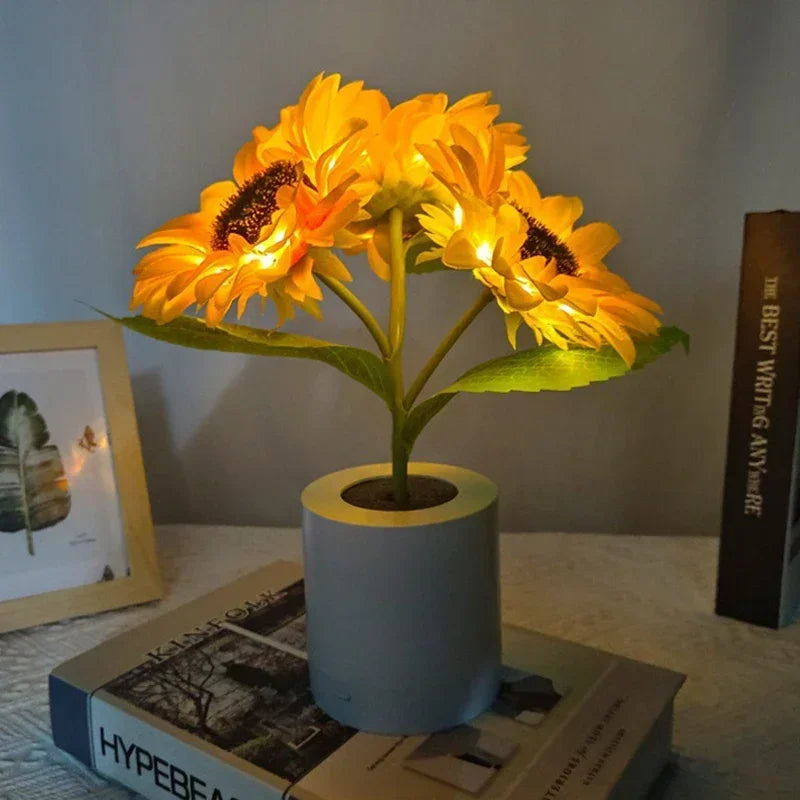 FanzyMarket sunflower LED night light with warm light, rechargeable USB bedside lamp featuring three LEDs for cozy illumination.
