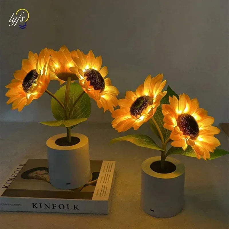 Rechargeable sunflower LED night light by FanzyMarket with warm light, USB bedside table lamp featuring three LEDs for cozy illumination.