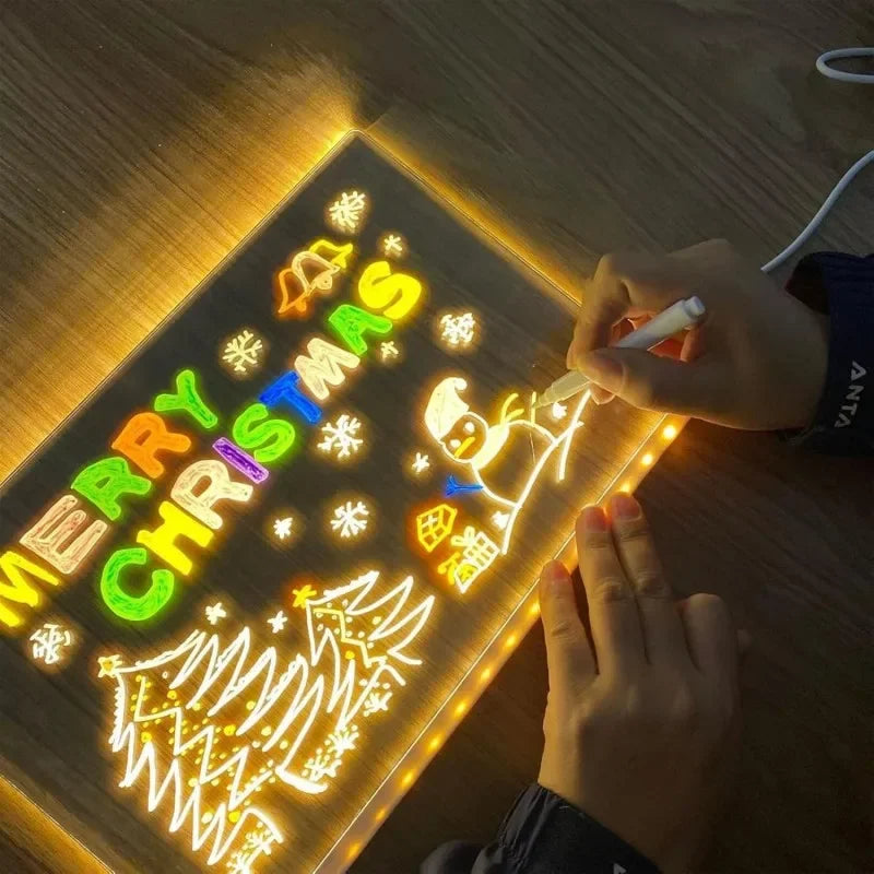 FanzyMarket LED acrylic message board lamp with 7 color pens, glowing, rewritable decor and night light for creative display.