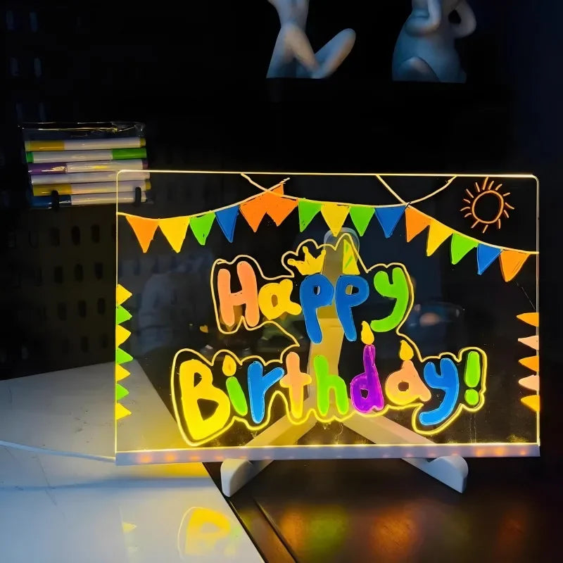 FanzyMarket LED acrylic message board lamp with 7-color pens, glowing, rewritable surface for drawing and messages, decorative lighting.