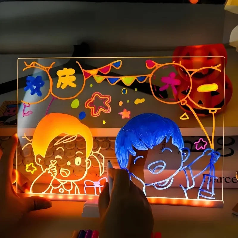 FanzyMarket LED acrylic message board lamp with 7 color pens, glowing, rewritable, perfect for decorative lighting and messages.