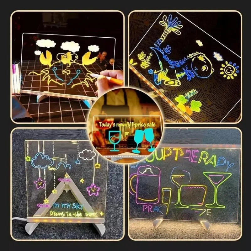 FanzyMarket LED acrylic message board lamp with 7-color pens, glowing, rewritable, perfect for decor and night lighting.