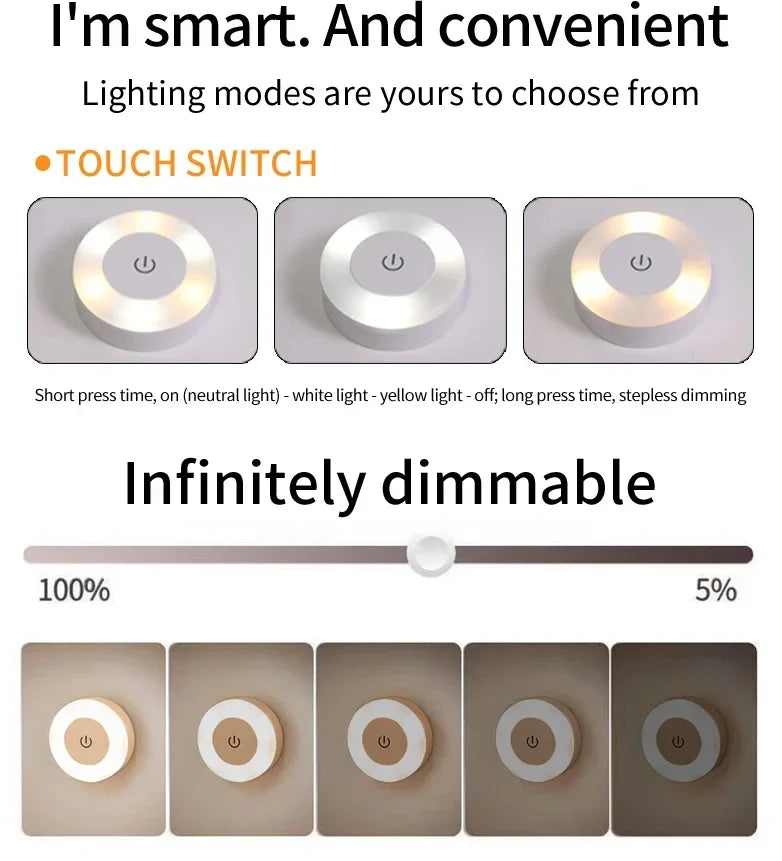 Warm white rechargeable round LED touch wall lamp by FanzyMarket, dimmable magnetic night light for bedroom, closet, or reading space.