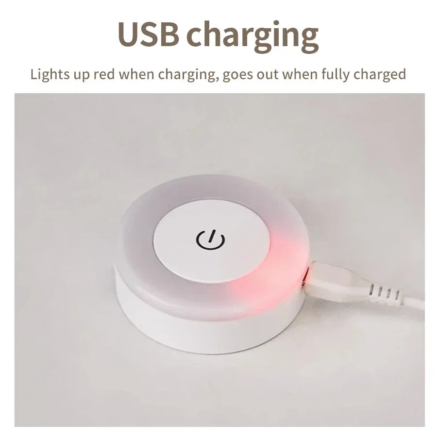 FanzyMarket rechargeable round LED touch wall lamp with warm white light, dimmable, magnetic night light for bedroom, closet, or reading.