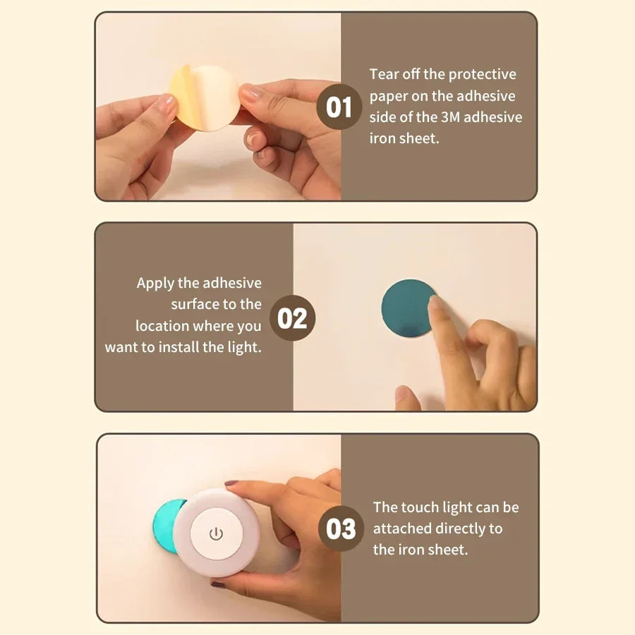 Rechargeable round LED touch wall lamp by FanzyMarket, warm white, dimmable magnetic night light for bedroom, closet, or reading area.