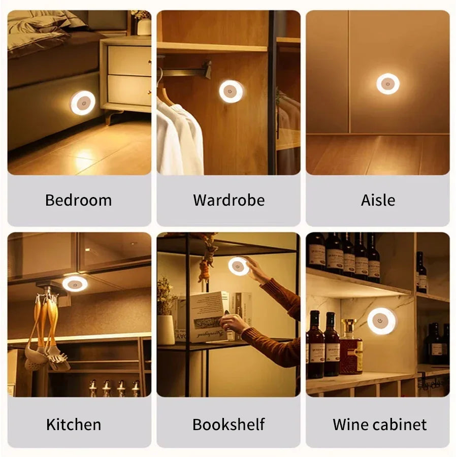FanzyMarket rechargeable round LED touch wall lamp with warm white light, dimmable magnetic night light for bedroom, closet, and reading.