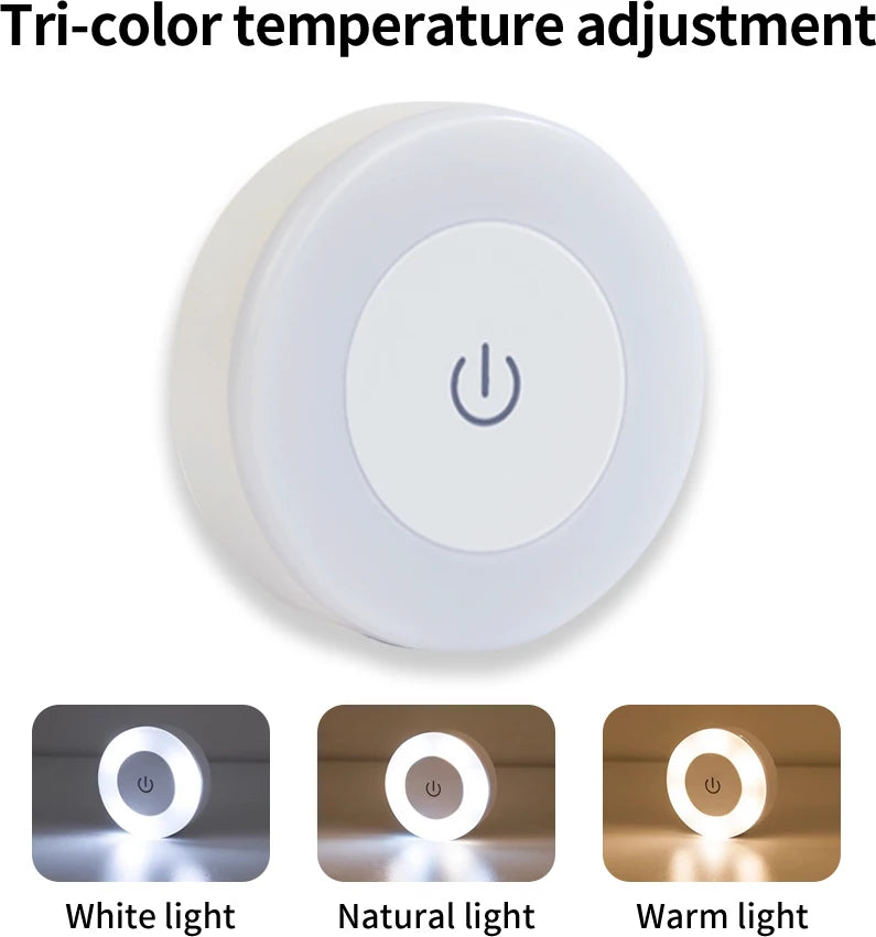 FanzyMarket rechargeable round LED touch wall lamp with warm white light, dimmable magnetic night light for bedroom, closet, or reading.