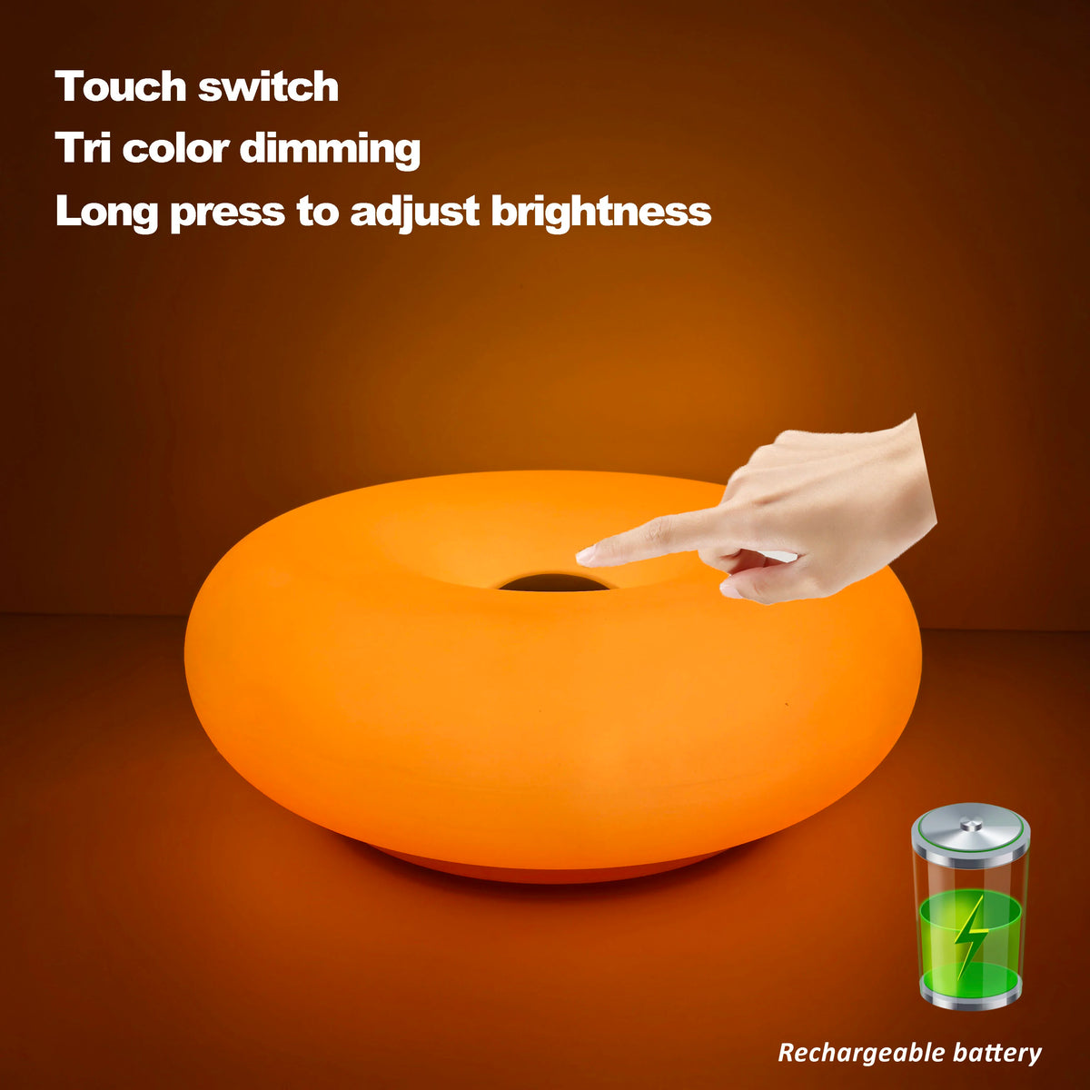 FanzyMarket Bauhaus Donut Table Lamp with USB LED night light, orange decor lighting for bedroom, living room, or dining room.