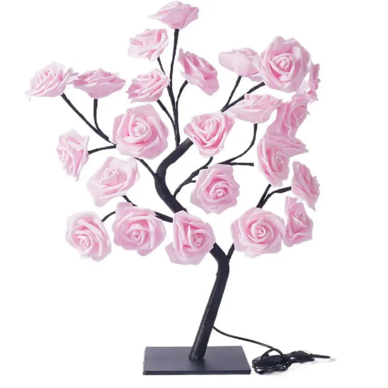 Pink rose tree USB table lamp with 24 LED fairy lights, perfect for home decor, weddings, and bedroom night lighting by FanzyMarket.