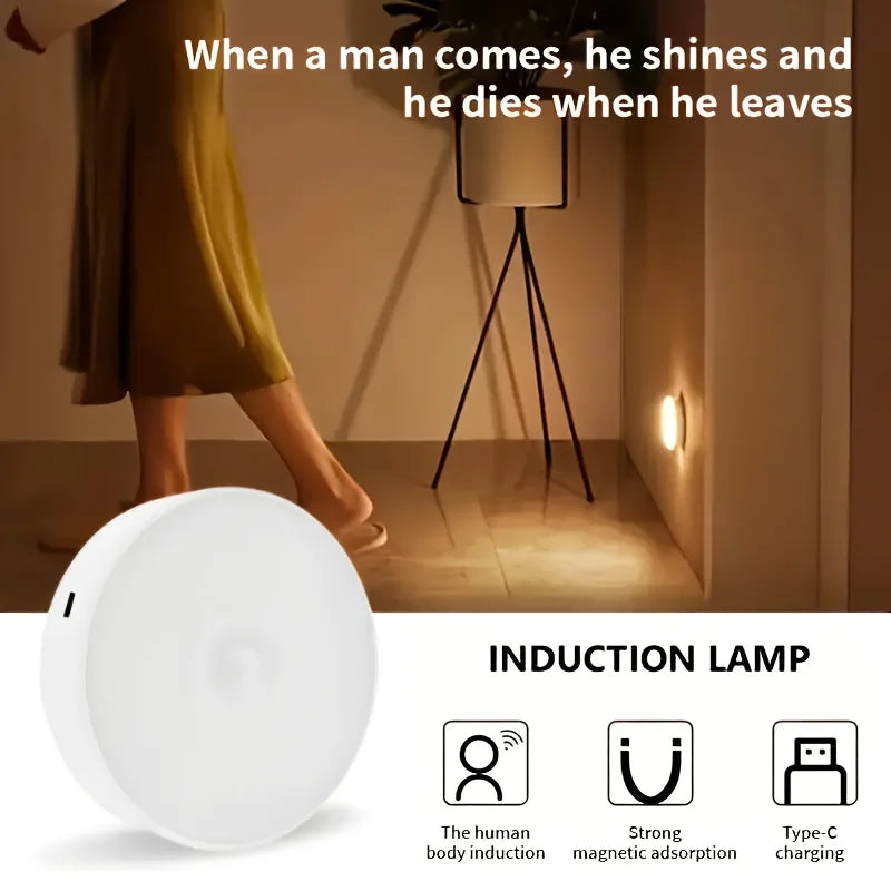 FanzyMarket USB rechargeable motion sensor night light with warm/cool LED, magnetic mount for bedroom, hallway, closet, and stairs.
