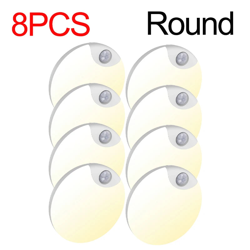 FanzyMarket USB rechargeable motion sensor night light with warm/cool LED, magnetic mount in a bedroom setting.