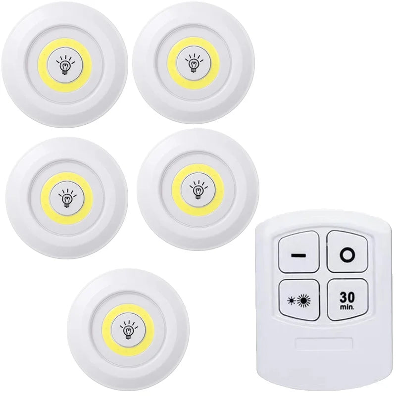 FanzyMarket dimmable battery-operated LED under-cabinet light with remote, warm white glow for closets, wardrobes, and bathrooms.