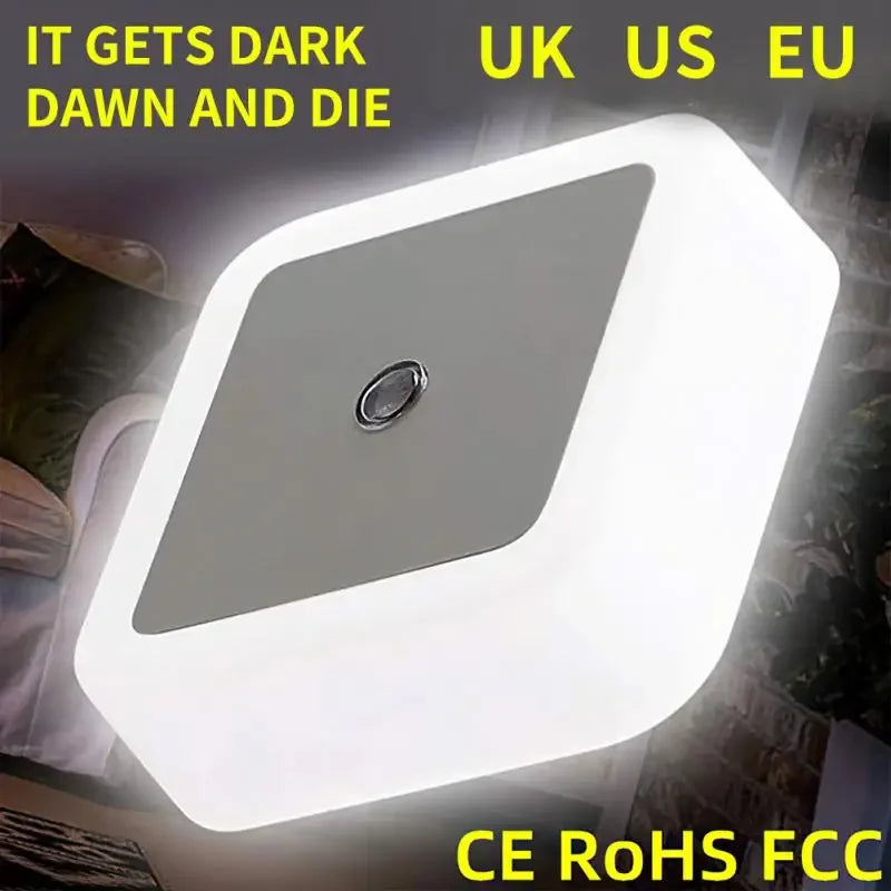 FanzyMarket mini LED plug-in night light with light sensor, square design, ideal for kids' bedrooms, bedrooms, or hallways.