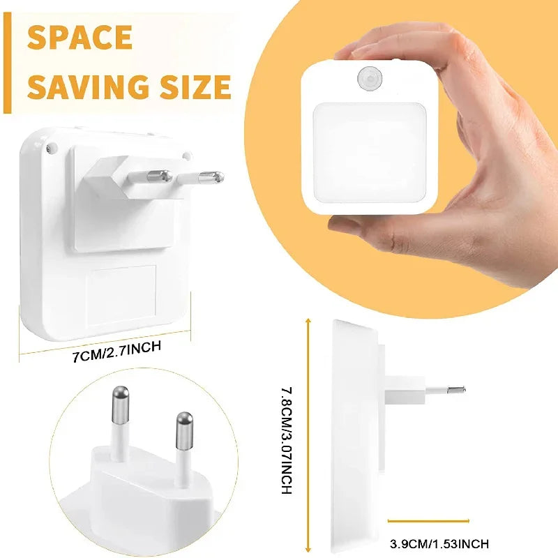 FanzyMarket motion sensor LED night light with EU plug, warm white bedside lamp suitable for kids and bedroom decor.