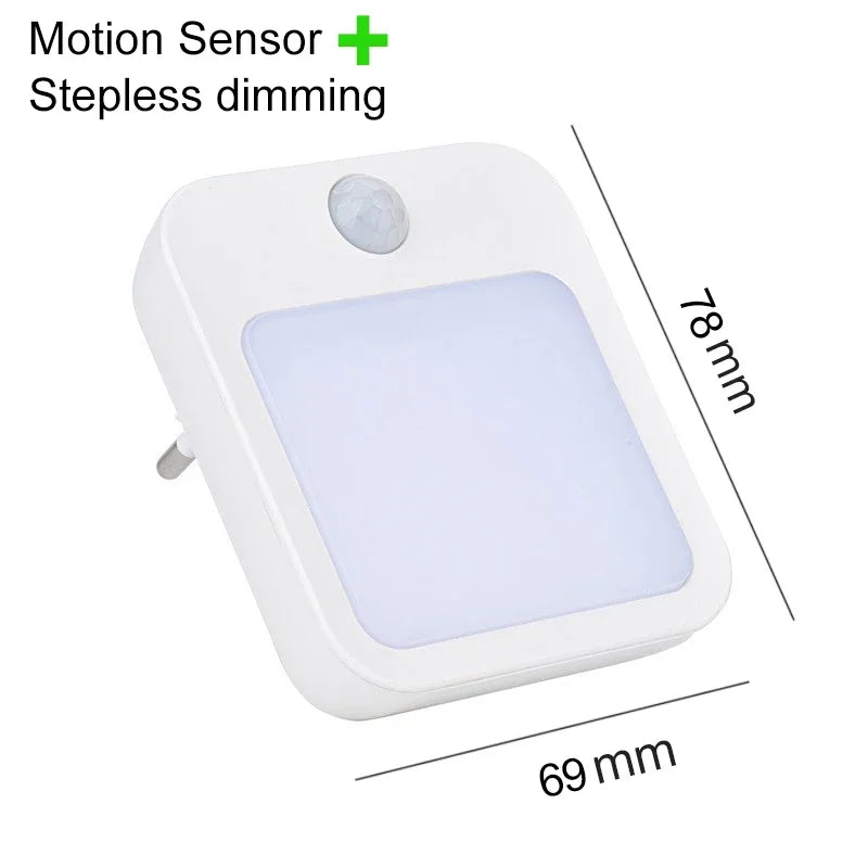 FanzyMarket motion sensor LED night light with EU plug, warm white light, ideal for bedside or kids' room lighting.