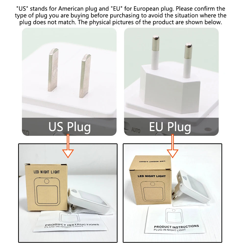 FanzyMarket motion sensor LED night light with EU plug, warm white light, ideal for bedside or kids' rooms, plug-in lamp.