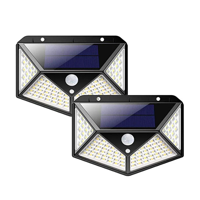FanzyMarket 100-LED solar wall light with PIR motion sensor, outdoor garden pathway lamp, white decor and outdoor lighting.