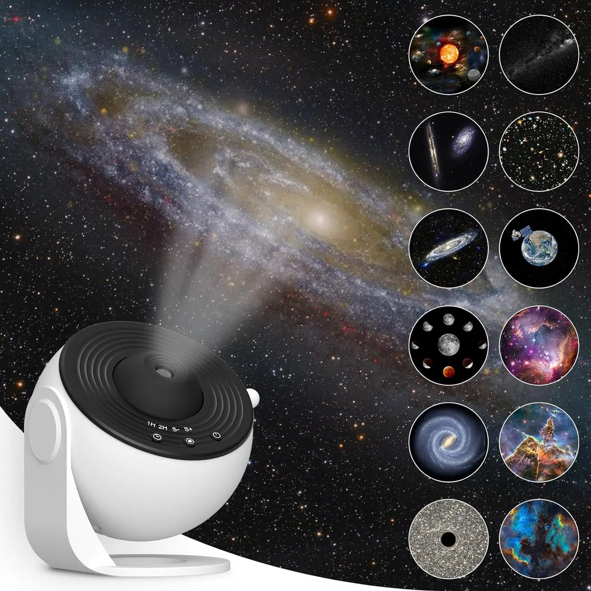 FanzyMarket 12-in-1 galaxy projector night light displaying a rotating starry sky with adjustable focus for bedroom and kids' room decor.