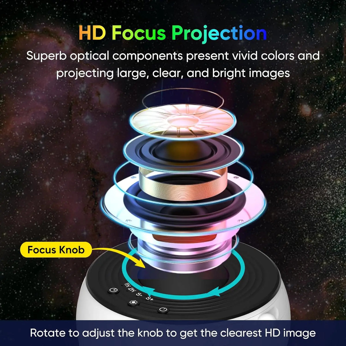 FanzyMarket 12-in-1 Galaxy Projector Night Light with 360° rotating starry sky, adjustable focus, auto-off timer for bedroom or kids' room.