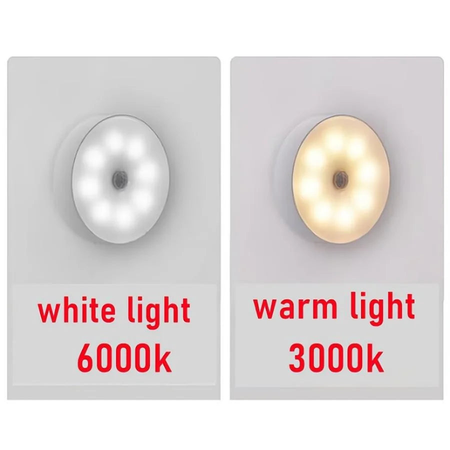 FanzyMarket USB rechargeable motion sensor LED night light with warm and cold white options, ideal for closets, stairs, and under-cabinet use