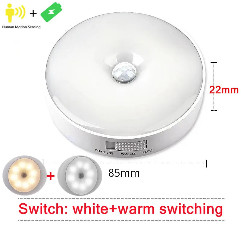 FanzyMarket USB rechargeable motion sensor LED night light with warm and cold white options, ideal for closets, stairs, and under-cabinet lighting.