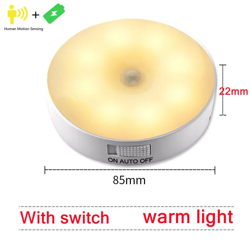 FanzyMarket USB rechargeable motion sensor LED night light showing warm and cold white lighting in a modern closet or stairway setting.