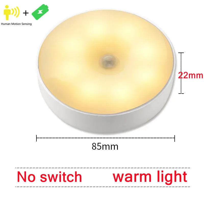 FanzyMarket USB rechargeable motion sensor LED night light with warm and cold white options, ideal for closets, stairs, and under-cabinet lighting.