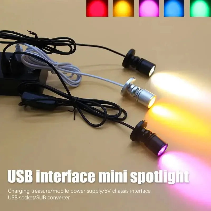 FanzyMarket 3W USB LED mini spotlight with surface mount, rotatable design, warm white and RGB lighting for cabinets and jewelry displays.