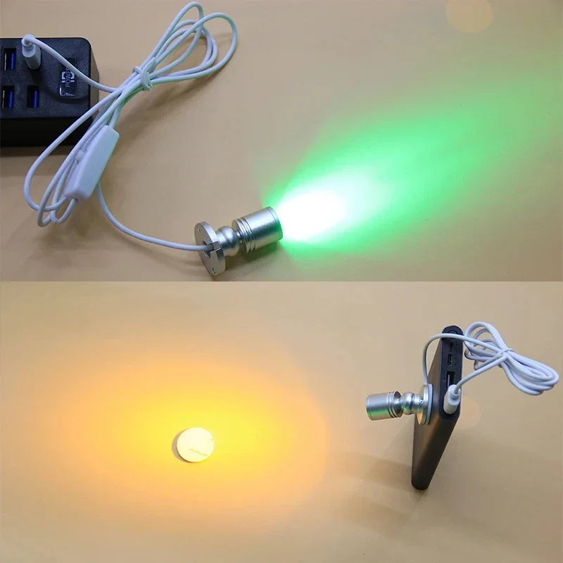 FanzyMarket 3W USB LED mini spotlight for cabinets and jewelry displays, rotatable, surface mount, warm white and RGB lighting.