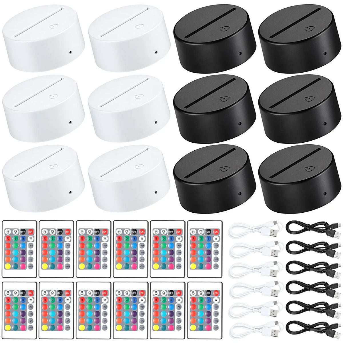 Set of 12 FanzyMarket 3D LED acrylic lamp bases with black stands, remote control, and USB power for resin display lighting.