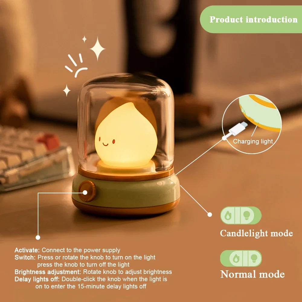 FanzyMarket kerosene-style LED night light with flameless candle design, USB rechargeable, dimmable, ideal for bedrooms and camping.