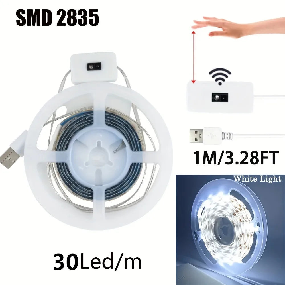 FanzyMarket 1M USB LED strip light with wave sensor, 60 LEDs/m, dimmable warm white for TV backlight, cabinet, or night lamp.