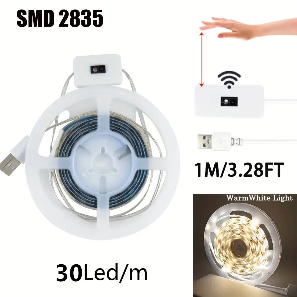 FanzyMarket 1M USB LED strip light with 60 warm white LEDs, hand-wave sensor, dimmable, ideal for TV backlights, cabinets, or night lamps.