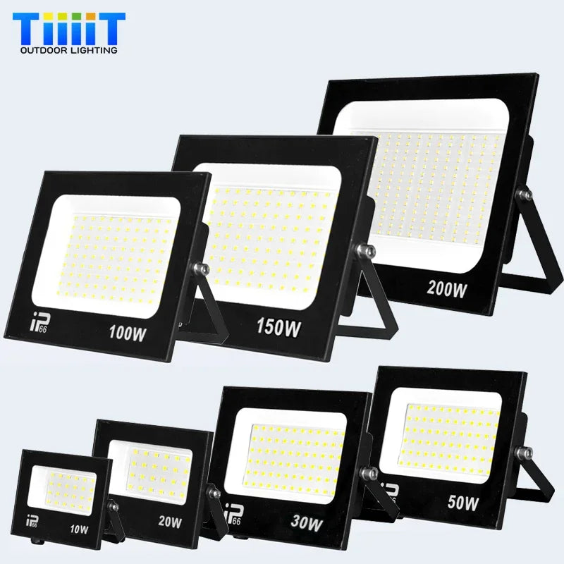 LED outdoor floodlight with a cool white 6000K light, designed for garden, porch, and courtyard use, IP66 waterproof.