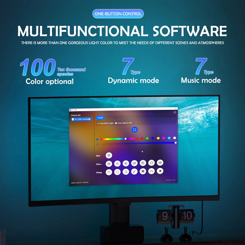 FanzyMarket RGB monitor backlight LED strip with app and music sync, perfect for gaming, PC, and room decor ambient lighting.