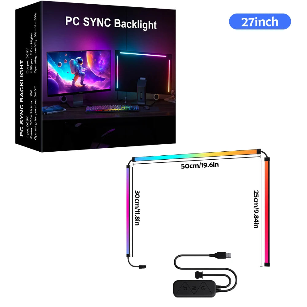 FanzyMarket RGB monitor backlight LED strip with app and music sync for gaming, PC, and room decor, 24-inch ambient lighting.