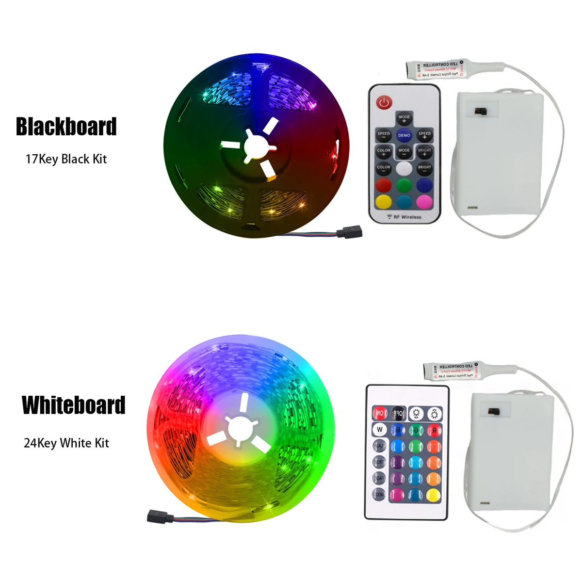 FanzyMarket 5V RGB LED strip light with remote control, waterproof IP65, 0.5-5m, battery or USB powered, for decorative lighting.